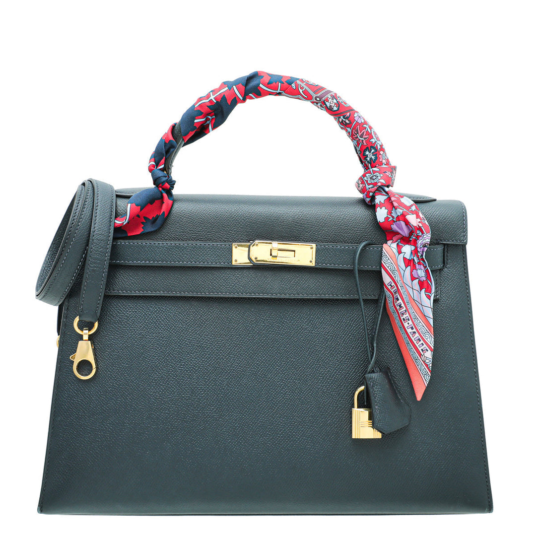 Hermes Indigo Kelly 32 Bag W/ Twilly