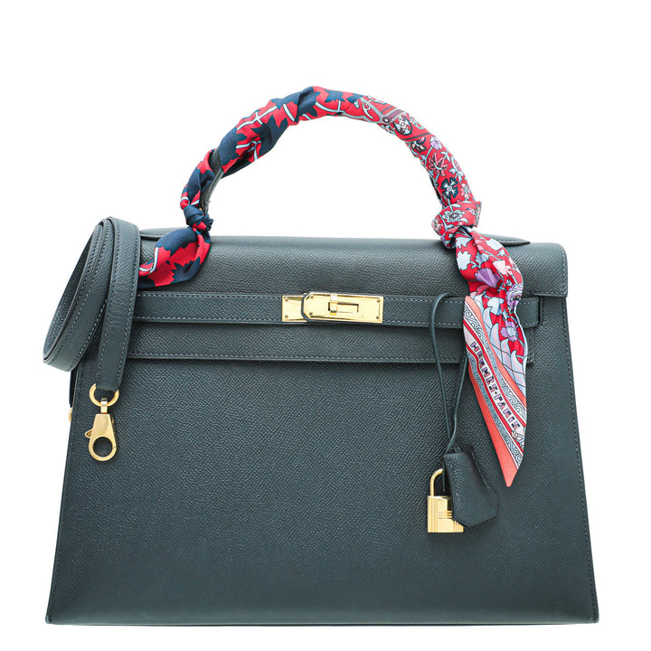 Hermes Indigo Kelly 32 Bag W/ Twilly