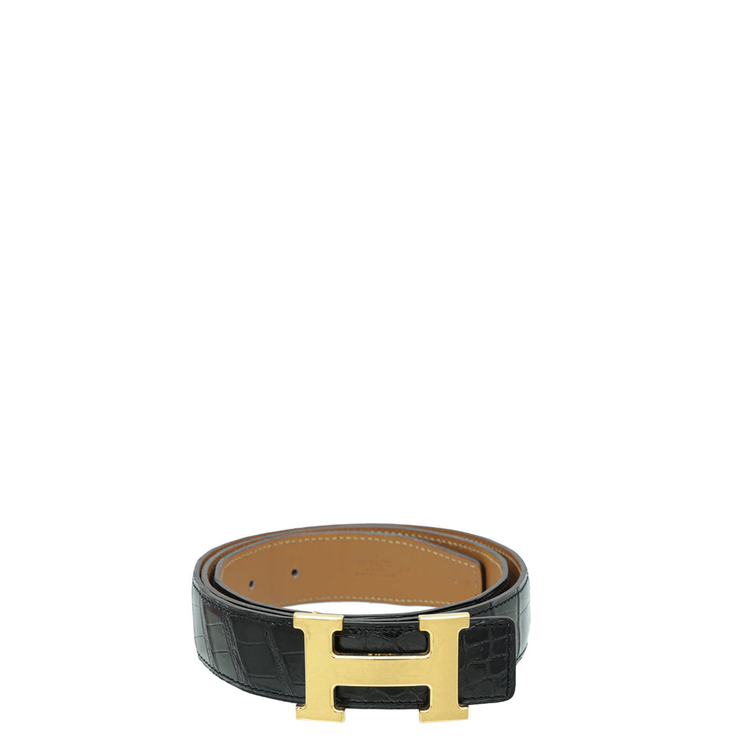 Top quality Hermes Noir Shiny Crocodile Porosus H Belt