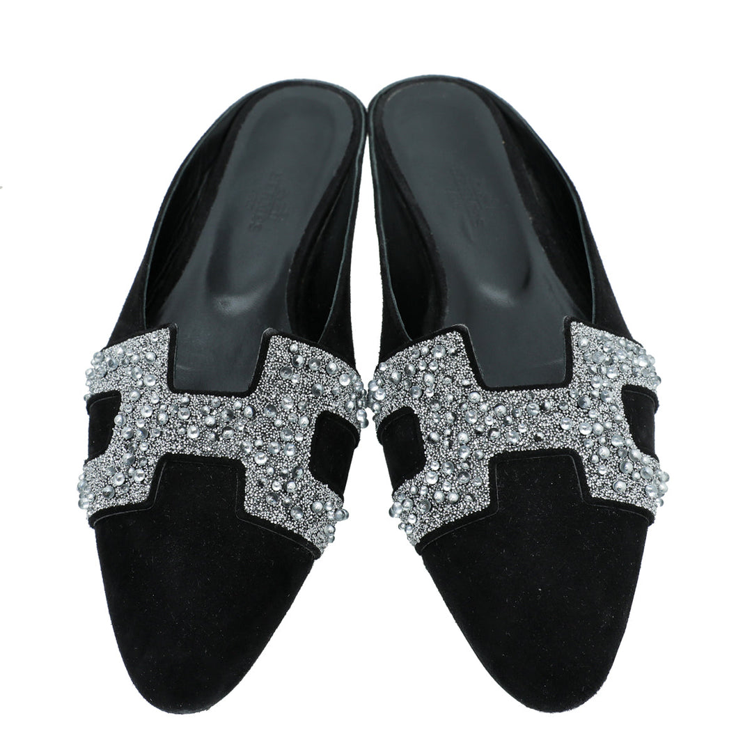 Top quality Hermes Black Suede Crystal Beads Roxane Mules 36