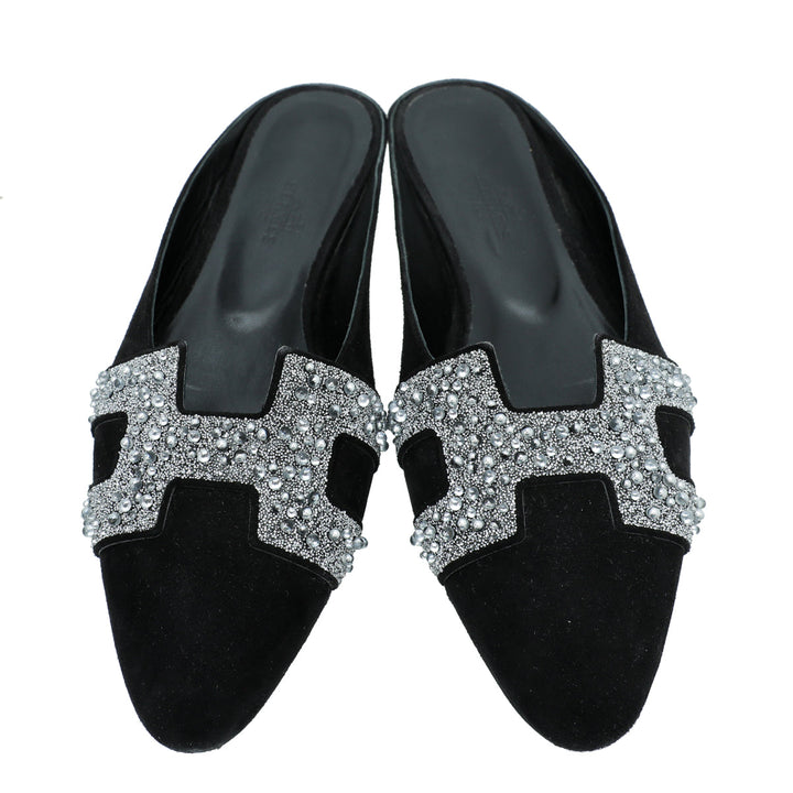 Top quality Hermes Black Suede Crystal Beads Roxane Mules 36