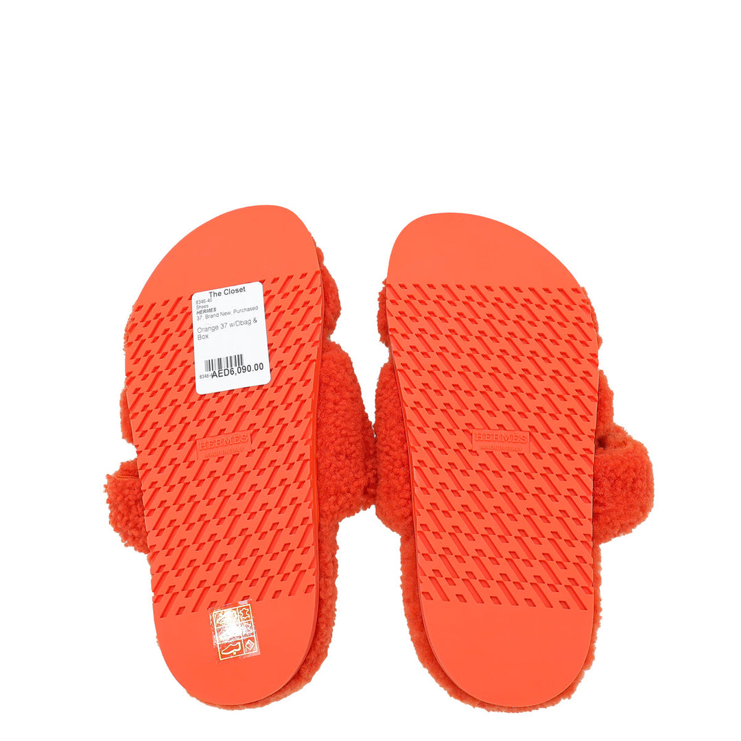Hermes Orange Woolskin Chypre Sandal 37