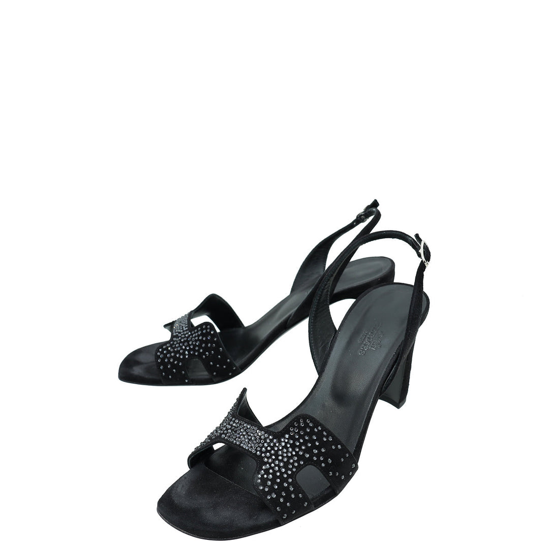 Top quality Hermes Noir Suede Goatskin Eternite 80 Rhinestone Details Sandal 38