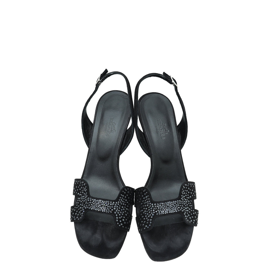 Top quality Hermes Noir Suede Goatskin Eternite 80 Rhinestone Details Sandal 38