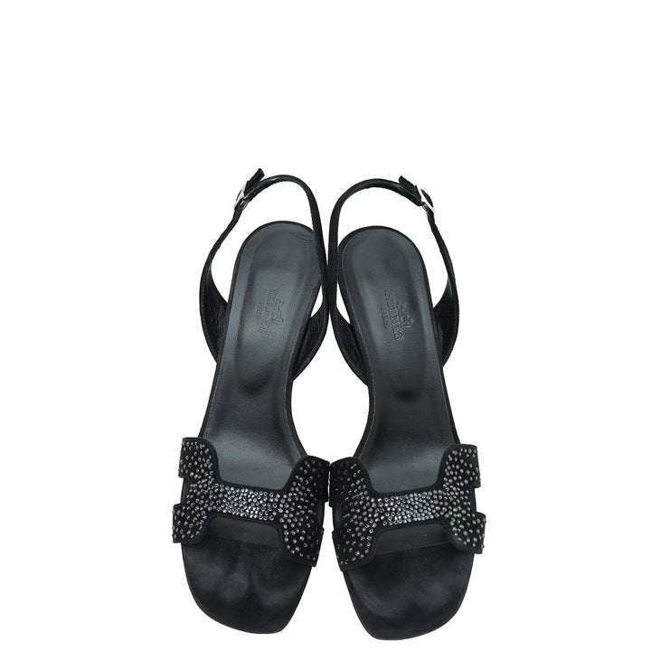 Top quality Hermes Noir Suede Goatskin Eternite 80 Rhinestone Details Sandal 38
