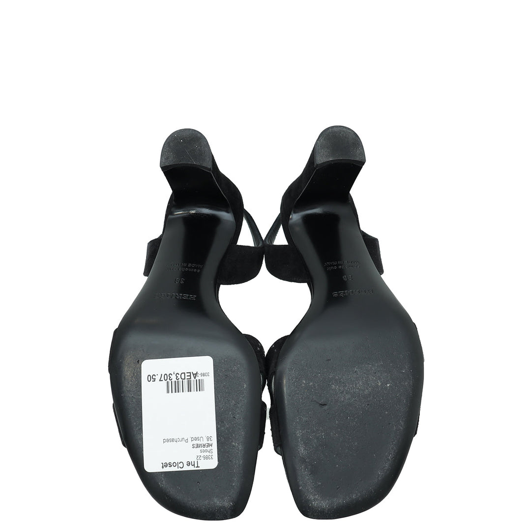 Hermes Noir Suede Goatskin Eternite 80 Rhinestone Details Sandal 38