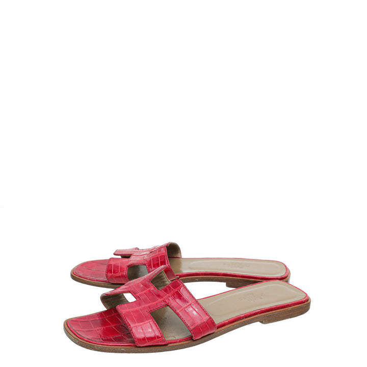 Hermes Rouge Crocodile Oran Patent Sandal 37