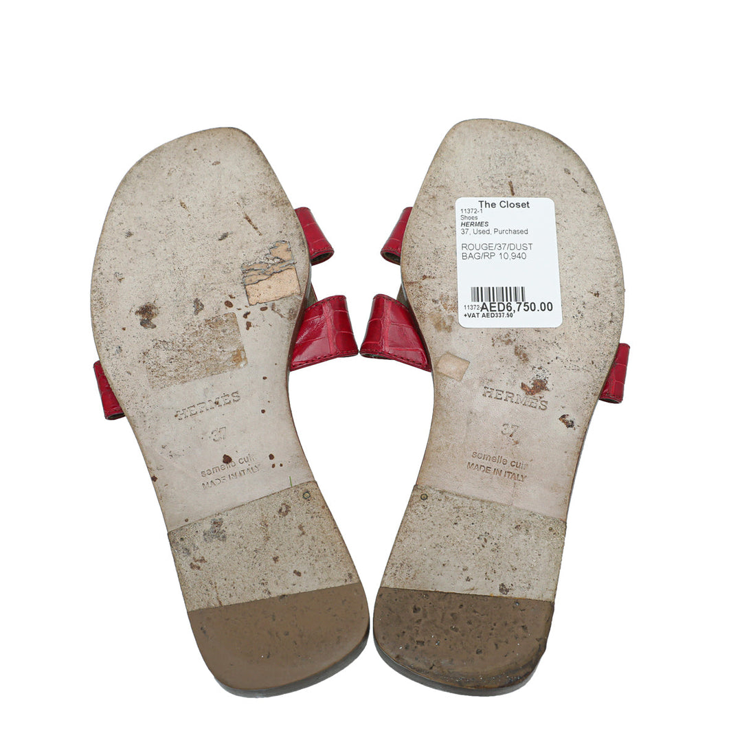 Top quality Hermes Rouge Crocodile Oran Patent Sandal 37