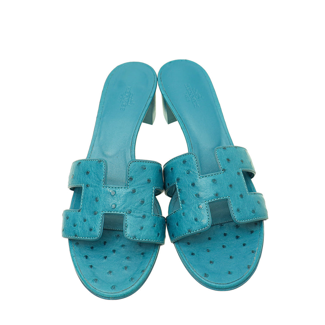 Hermes Bleu Vif Ostrich Oasis Sandal 37
