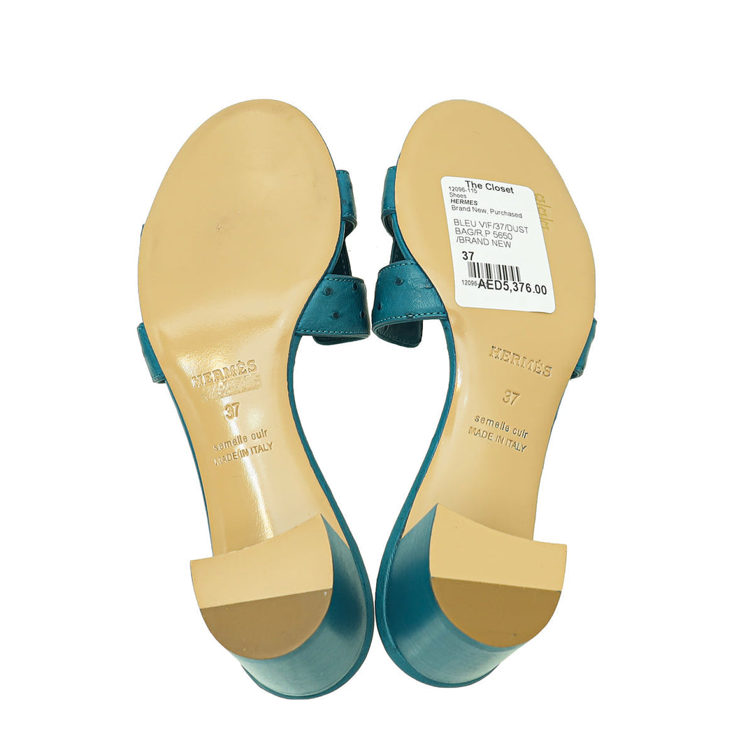 Top quality Hermes Bleu Vif Ostrich Oasis Sandal 37