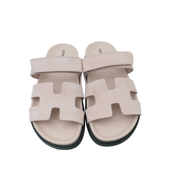 Hermes Rose Porcelaine Suede Chypre Sandal 38.5