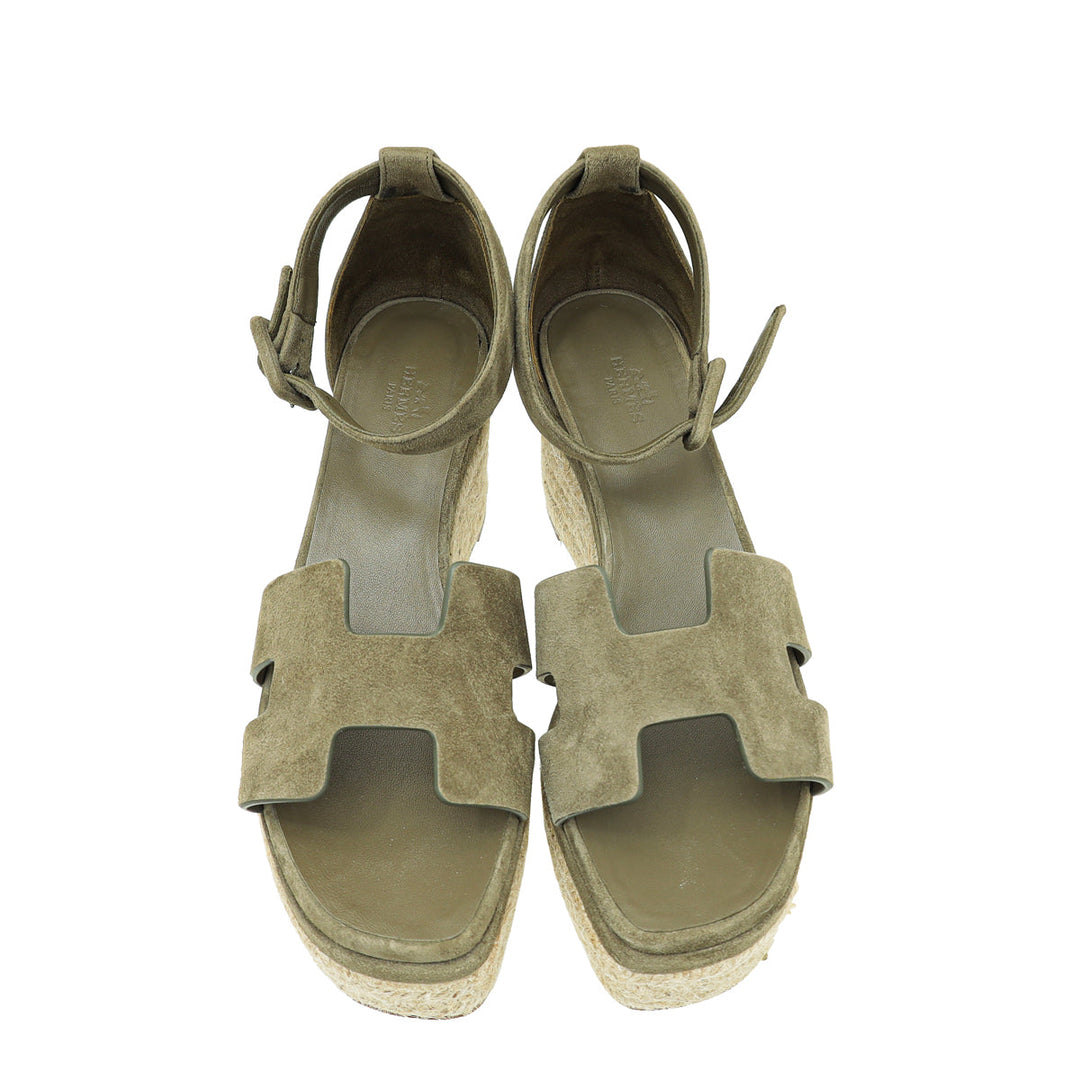 Top quality Hermes Vert Toundr Elda Suede Goatskin Espadrille 38