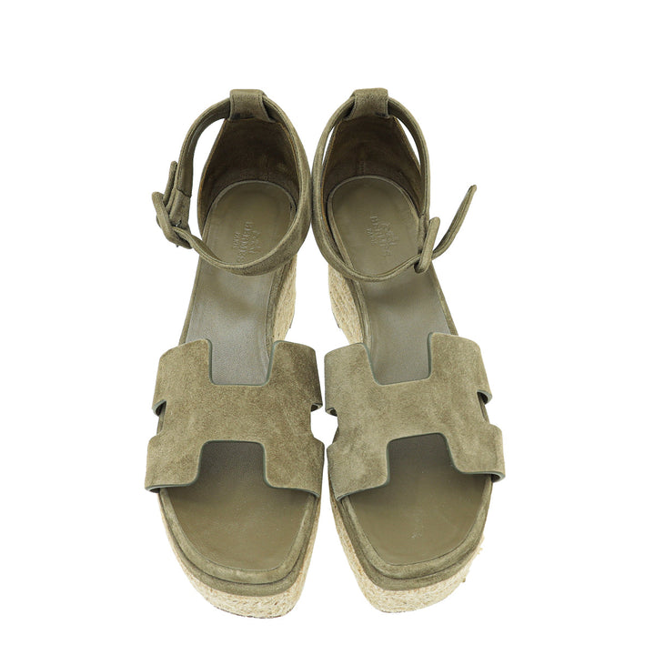 Top quality Hermes Vert Toundr Elda Suede Goatskin Espadrille 38