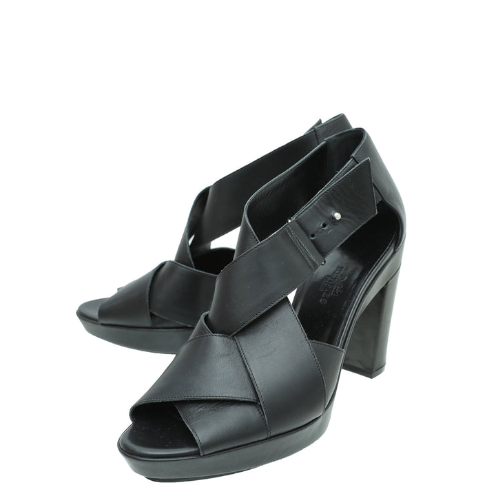 Hermes Noir Cross Strappy Platform Sandal 38.5