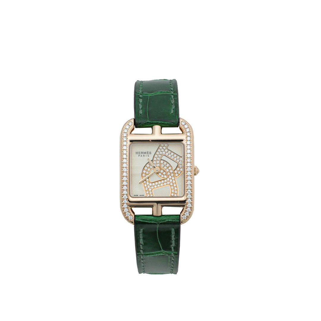 Hermes 18K Rose Gold Cape Cod Diamond Crocodile Strap 31mm Small Watch