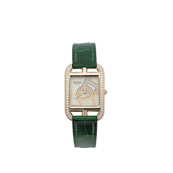 Hermes 18K Rose Gold Cape Cod Diamond Crocodile Strap 31mm Small Watch