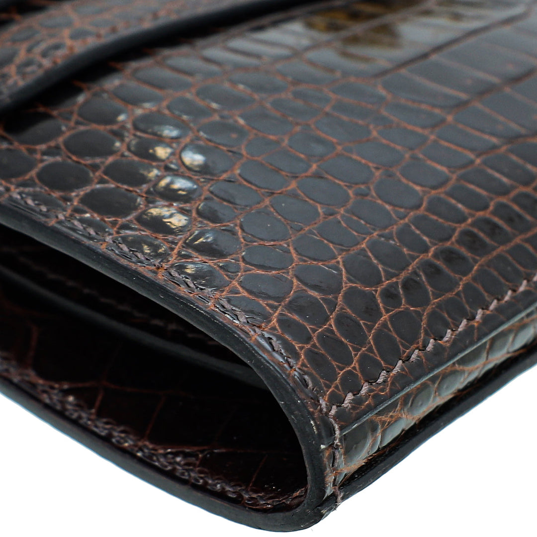 Hermes Havane Crocodile Porosus Diamond Kelly Classic 18K Gold Wallet