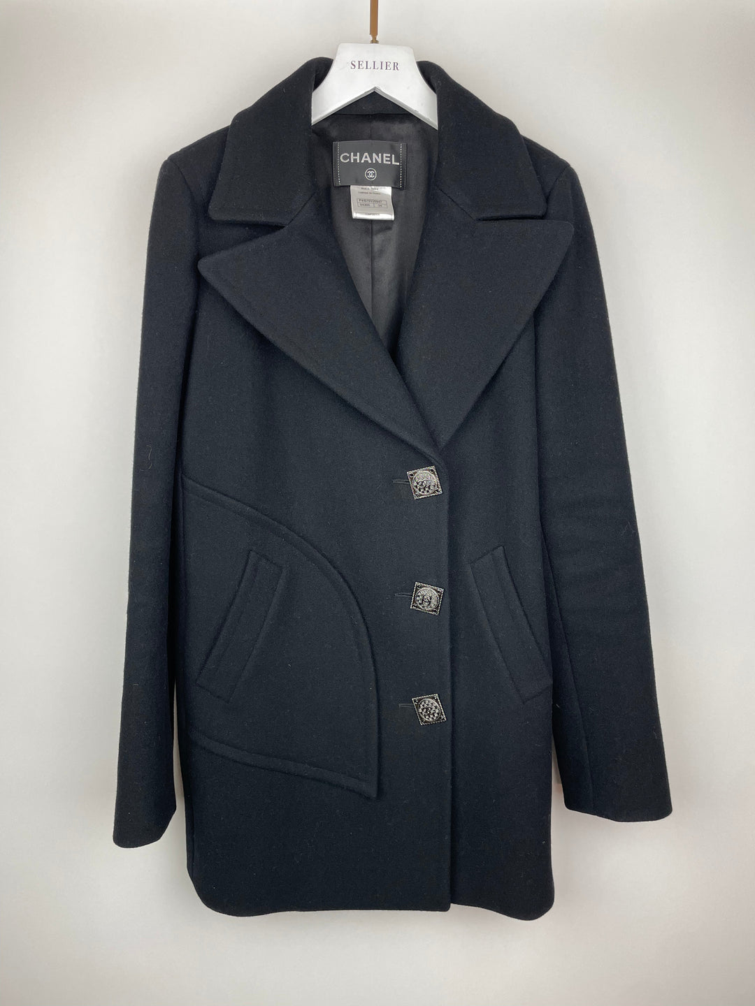 Top Quality Chanel Black Wool Coat with Square Ruthenium CC Logo Buttons Size FR 34 (UK 6)