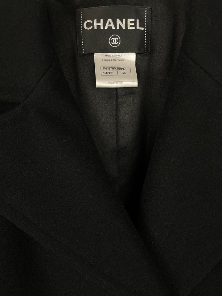Top Quality Chanel Black Wool Coat with Square Ruthenium CC Logo Buttons Size FR 34 (UK 6)