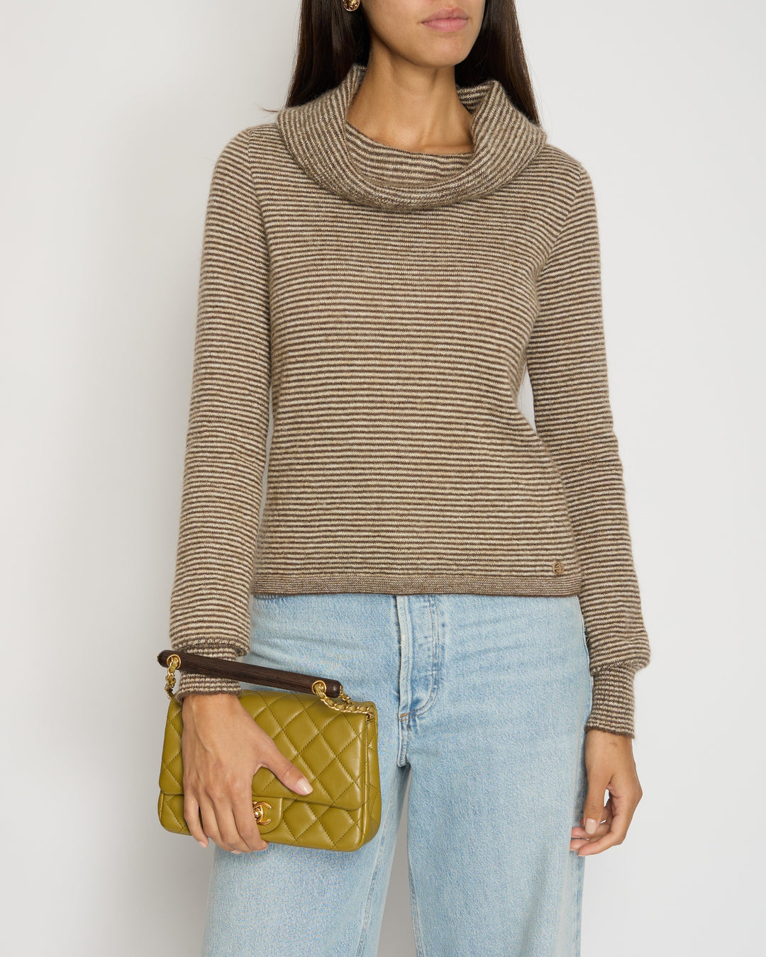 Top Quality Chanel Brown Striped Cowl Neck Jumper with CC Button Detail FR 34 (UK 6)