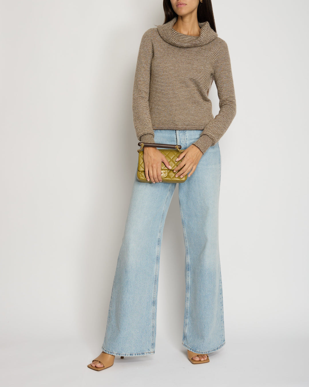 Top Quality Chanel Brown Striped Cowl Neck Jumper with CC Button Detail FR 34 (UK 6)