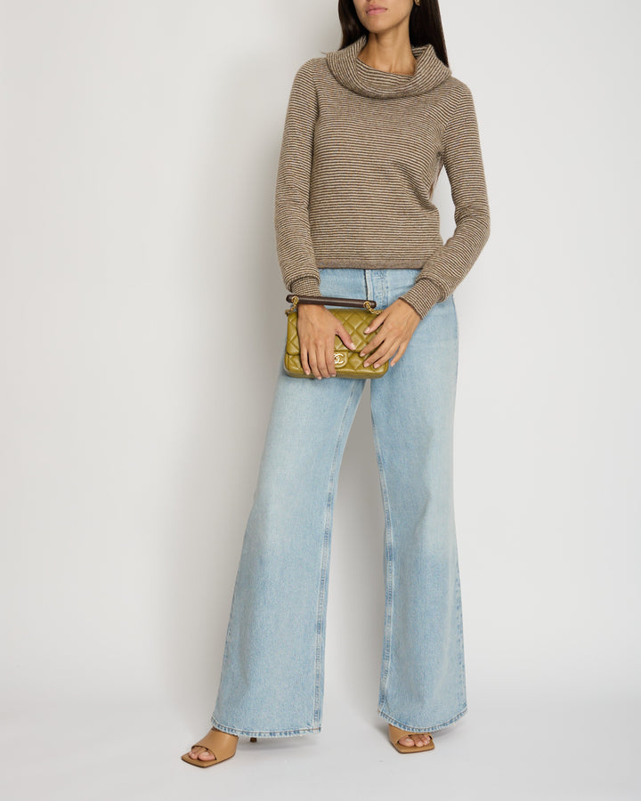Top Quality Chanel Brown Striped Cowl Neck Jumper with CC Button Detail FR 34 (UK 6)