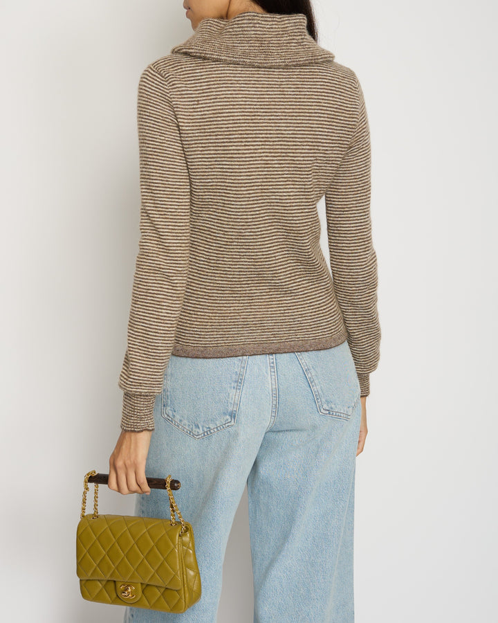 Top Quality Chanel Brown Striped Cowl Neck Jumper with CC Button Detail FR 34 (UK 6)