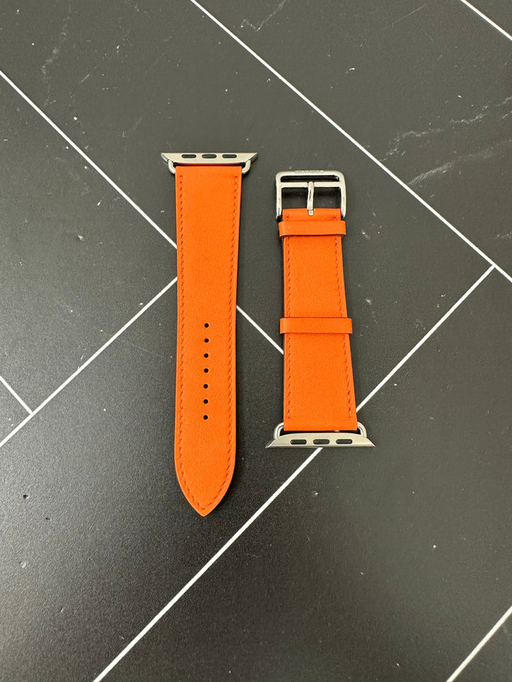 Premium Handmade Hermes Orange Leather Apple Watch Band