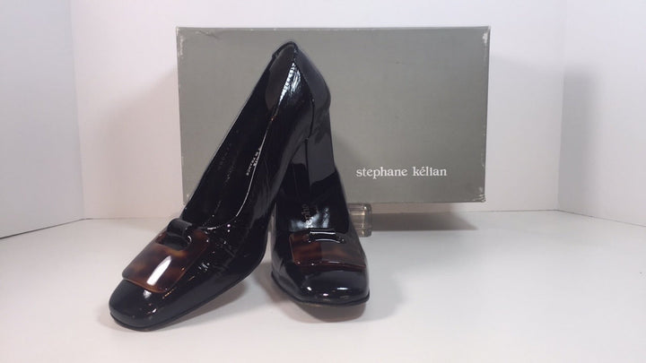 STEPHANE KELIAN Black Patent with Tortoise Buckle Block Heel With Box Size 7