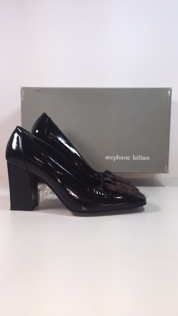 STEPHANE KELIAN Black Patent with Tortoise Buckle Block Heel With Box Size 7