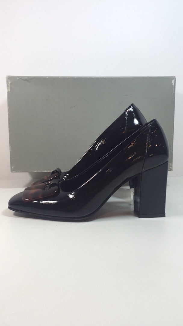 STEPHANE KELIAN Black Patent with Tortoise Buckle Block Heel With Box Size 7