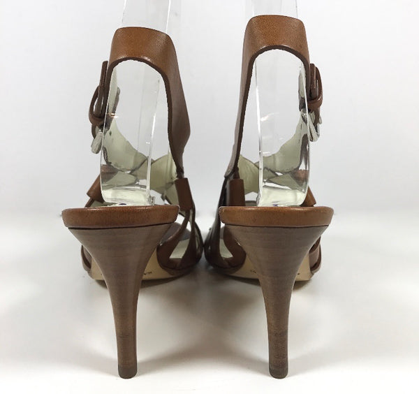 RALPH LAUREN Collection Brown Leather Open Toe Slingback Sandals with 3 Inch Heel