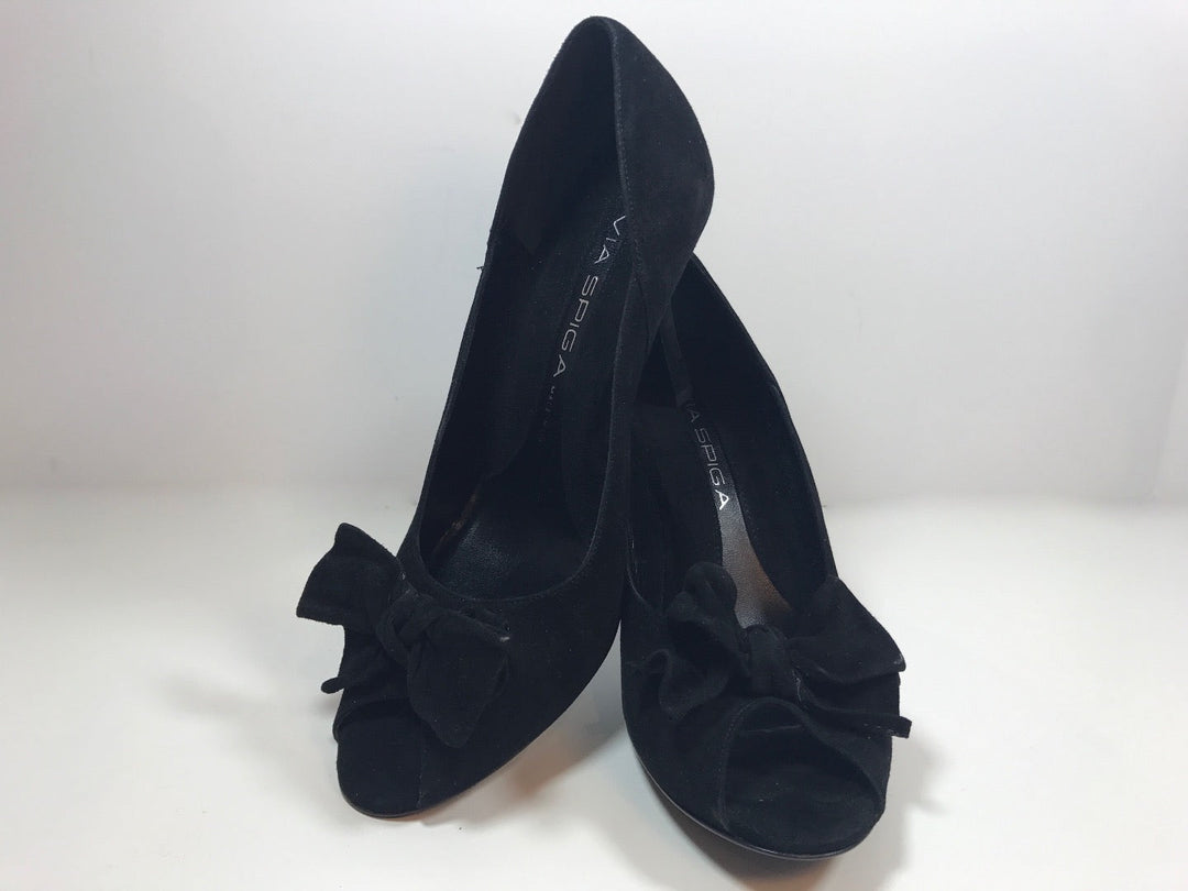 VIA SPIGA Black Suede Peep Toe Heels with Bow Size 8 1/2