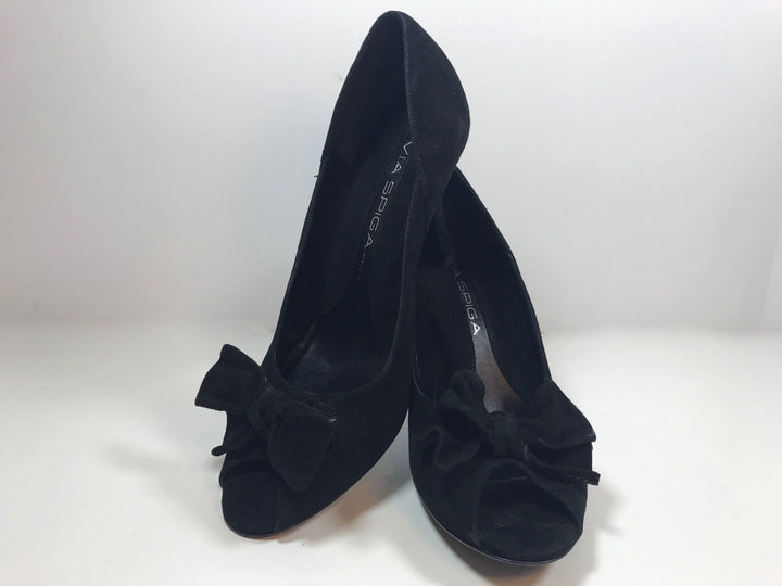VIA SPIGA Black Suede Peep Toe Heels with Bow Size 8 1/2