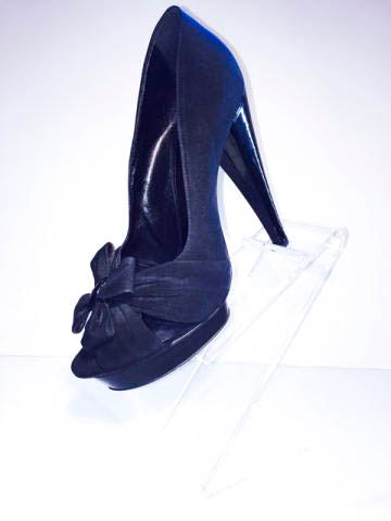 GIAMBATTISTA VALLI Black Satin Platform Heels with Flower Detail and Leather Sole Size 9
