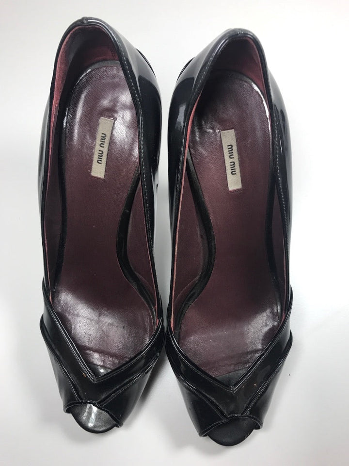 MIU MIU Charcoal Grey and Black Patent Leather Peep Toe Heel Size 39 1/2