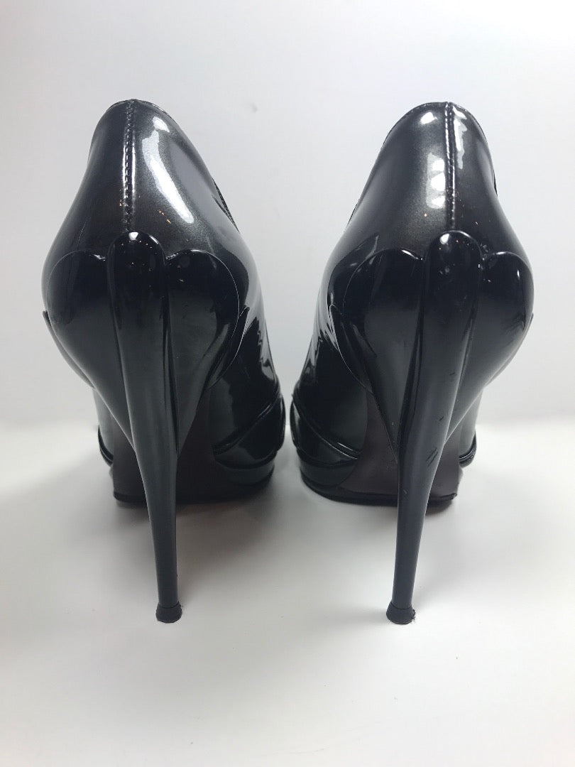 MIU MIU Charcoal Grey and Black Patent Leather Peep Toe Heel Size 39 1/2