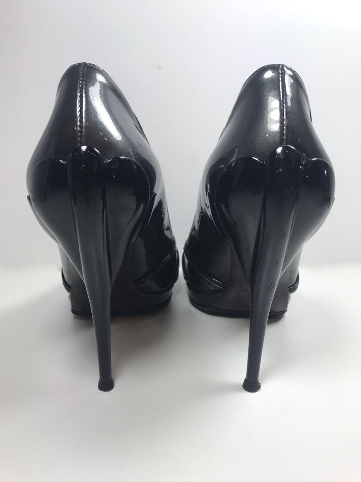 MIU MIU Charcoal Grey and Black Patent Leather Peep Toe Heel Size 39 1/2