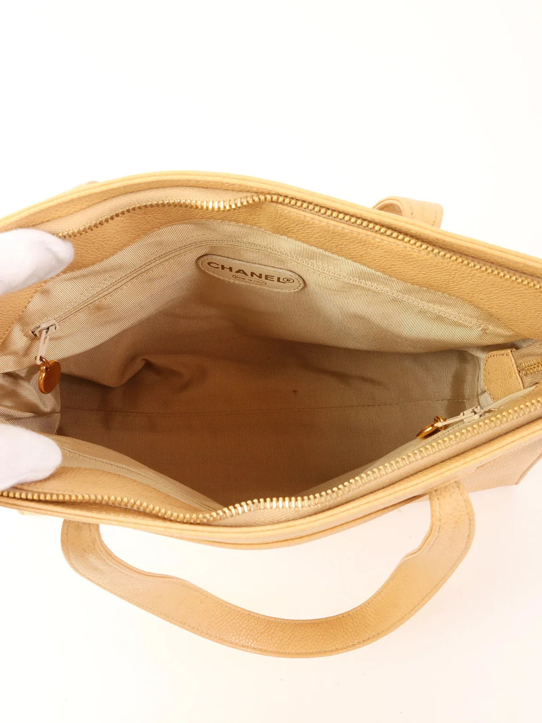 Chanel Around 1998 Made Caviar Skin Logo Embroidered Tote Bag Beige