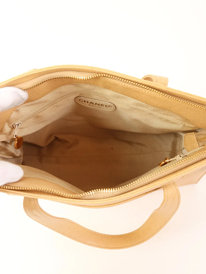 Chanel Around 1998 Made Caviar Skin Logo Embroidered Tote Bag Beige