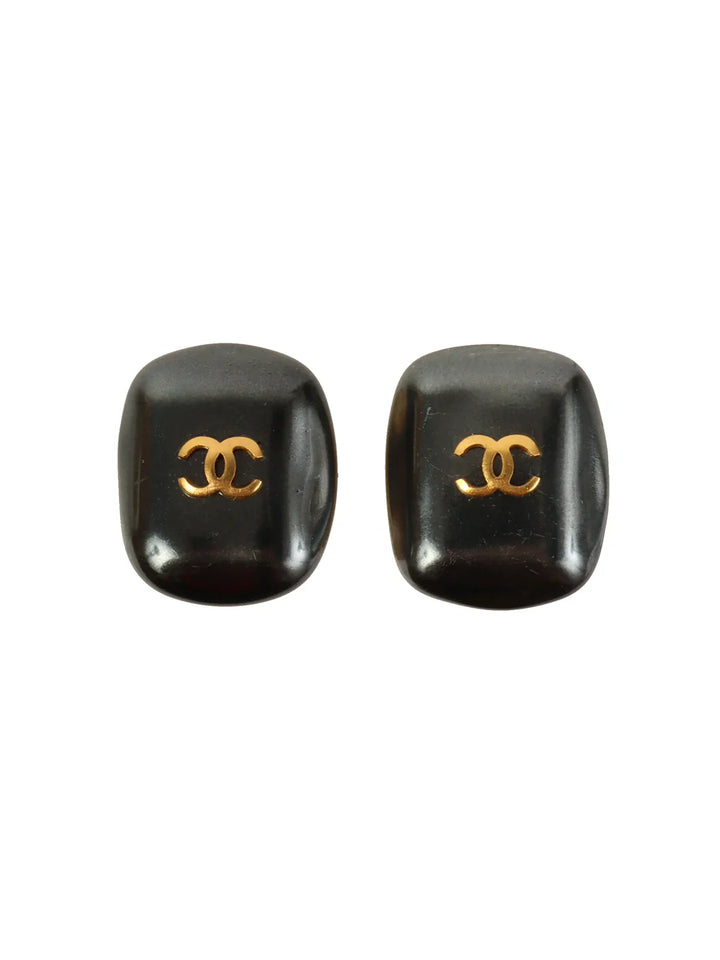 Chanel 1995 Made Square Stone Cc Mark Earrings Black/Gold