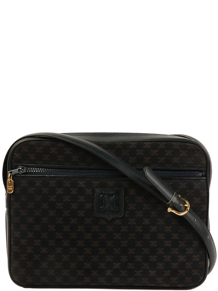 Celine Suede Macadam Pattern Logo Embossed Shoulder Bag Navy