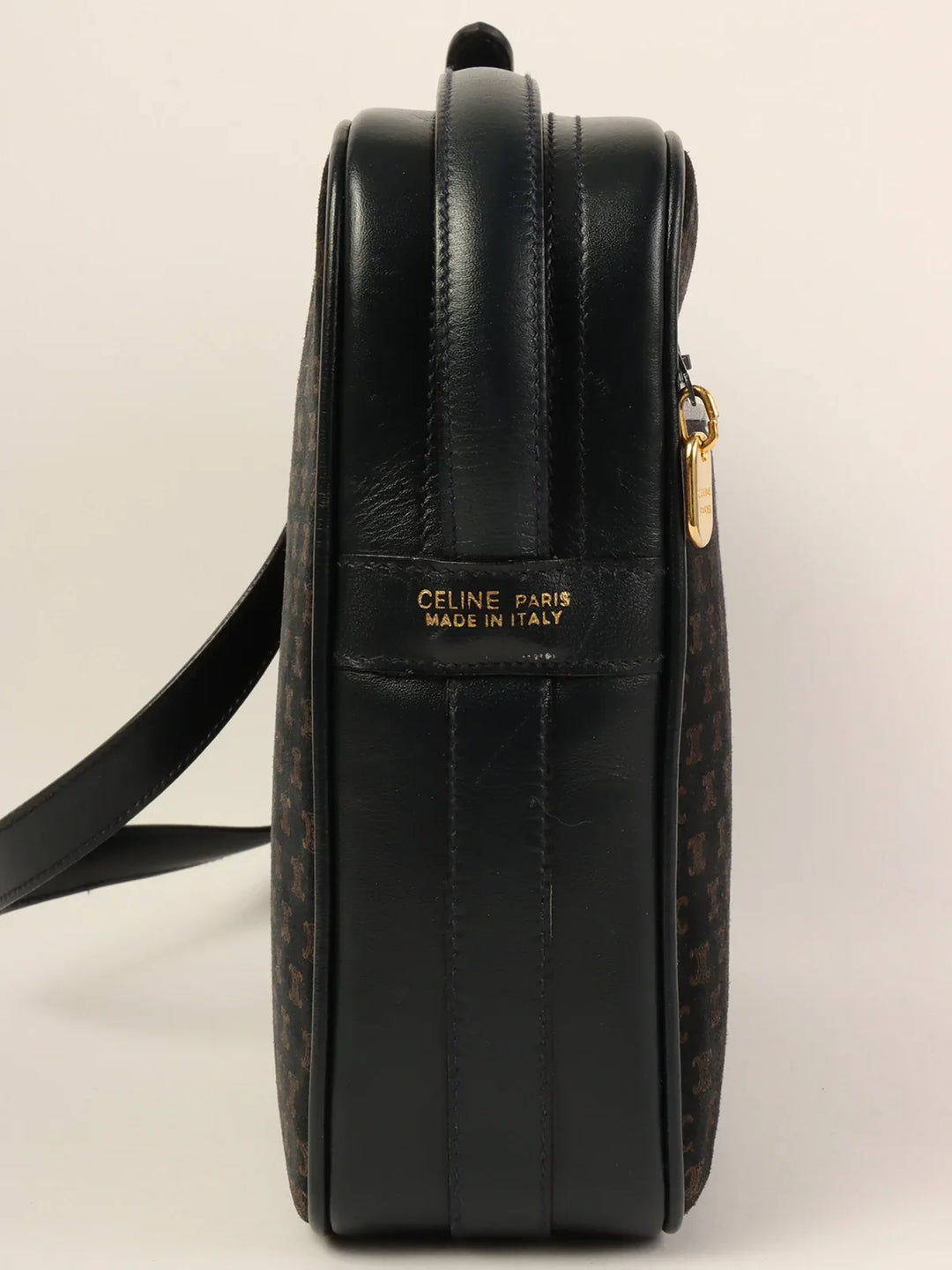 Celine Suede Macadam Pattern Logo Embossed Shoulder Bag Navy