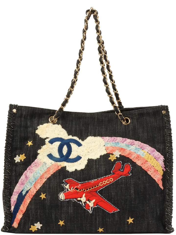Chanel Around 2005 Made Denim Airplane Cc Mark Embroidered Chain Tote Bag Indigo