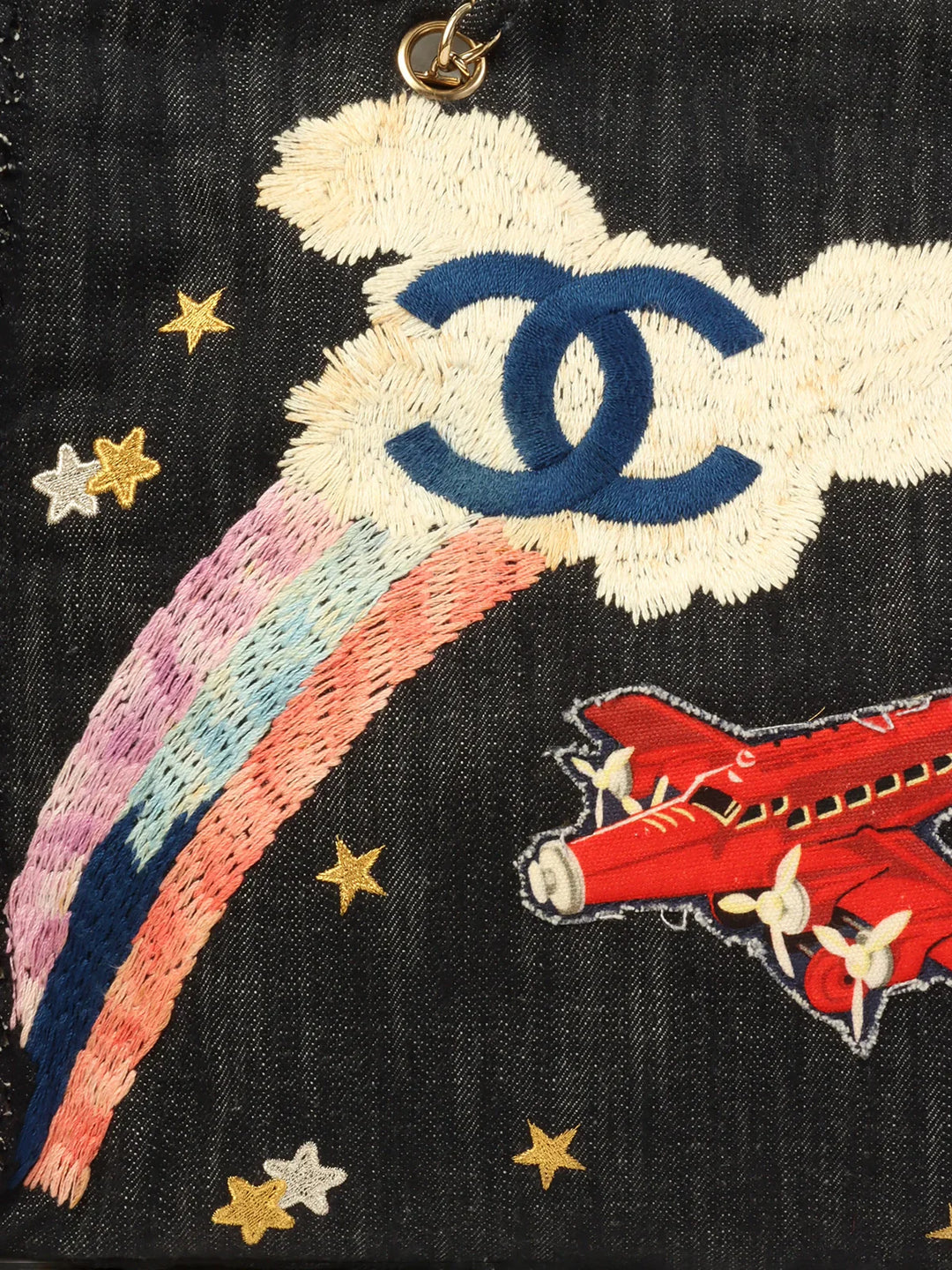 Chanel Around 2005 Made Denim Airplane Cc Mark Embroidered Chain Tote Bag Indigo
