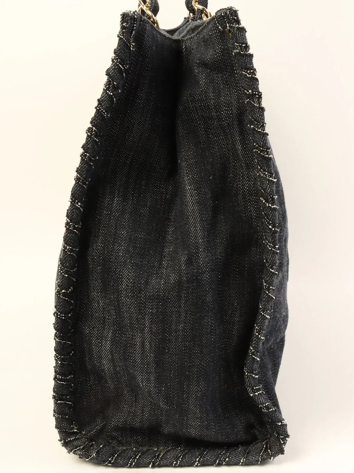 Chanel Around 2005 Made Denim Airplane Cc Mark Embroidered Chain Tote Bag Indigo