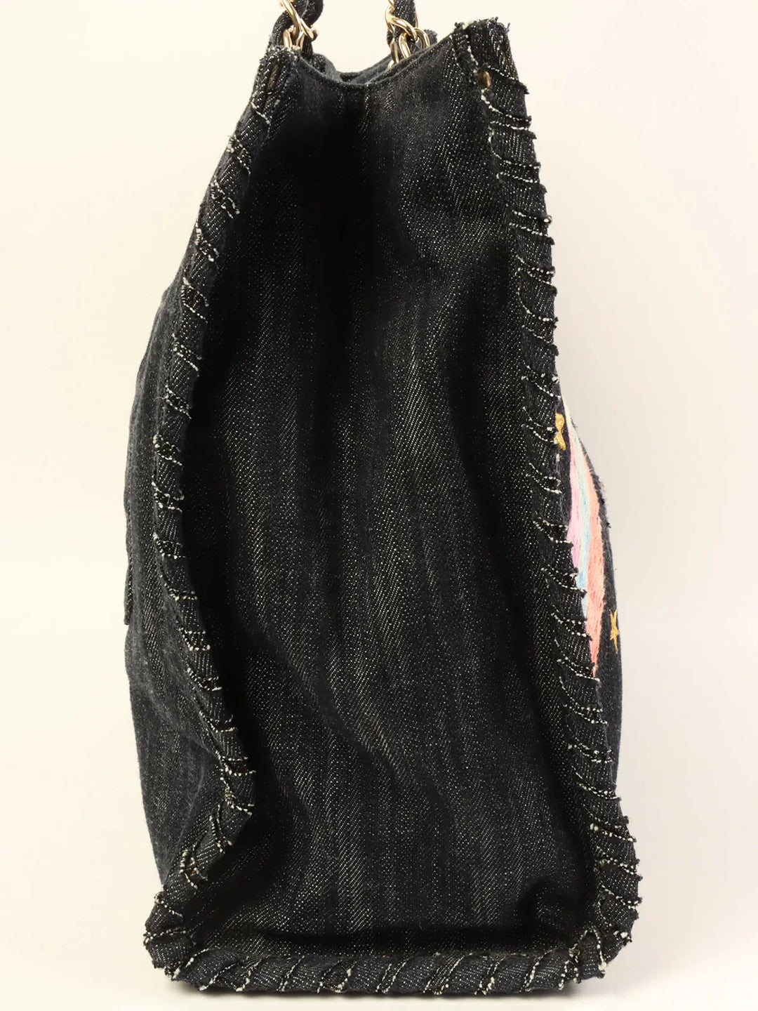Chanel Around 2005 Made Denim Airplane Cc Mark Embroidered Chain Tote Bag Indigo
