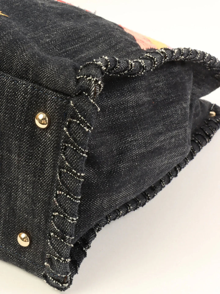 Chanel Around 2005 Made Denim Airplane Cc Mark Embroidered Chain Tote Bag Indigo