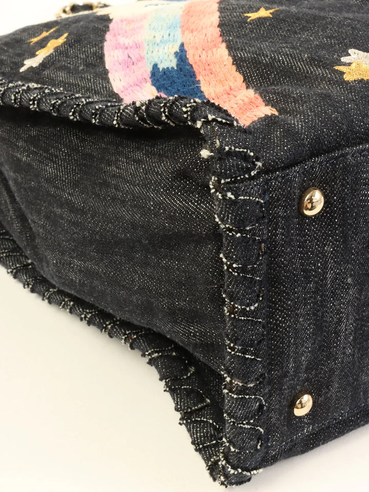 Chanel Around 2005 Made Denim Airplane Cc Mark Embroidered Chain Tote Bag Indigo