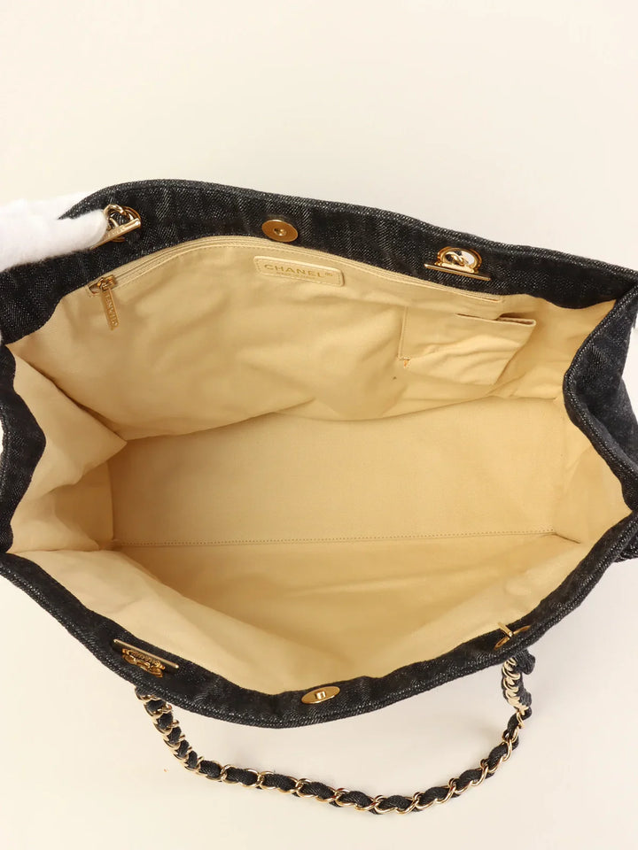 Chanel Around 2005 Made Denim Airplane Cc Mark Embroidered Chain Tote Bag Indigo